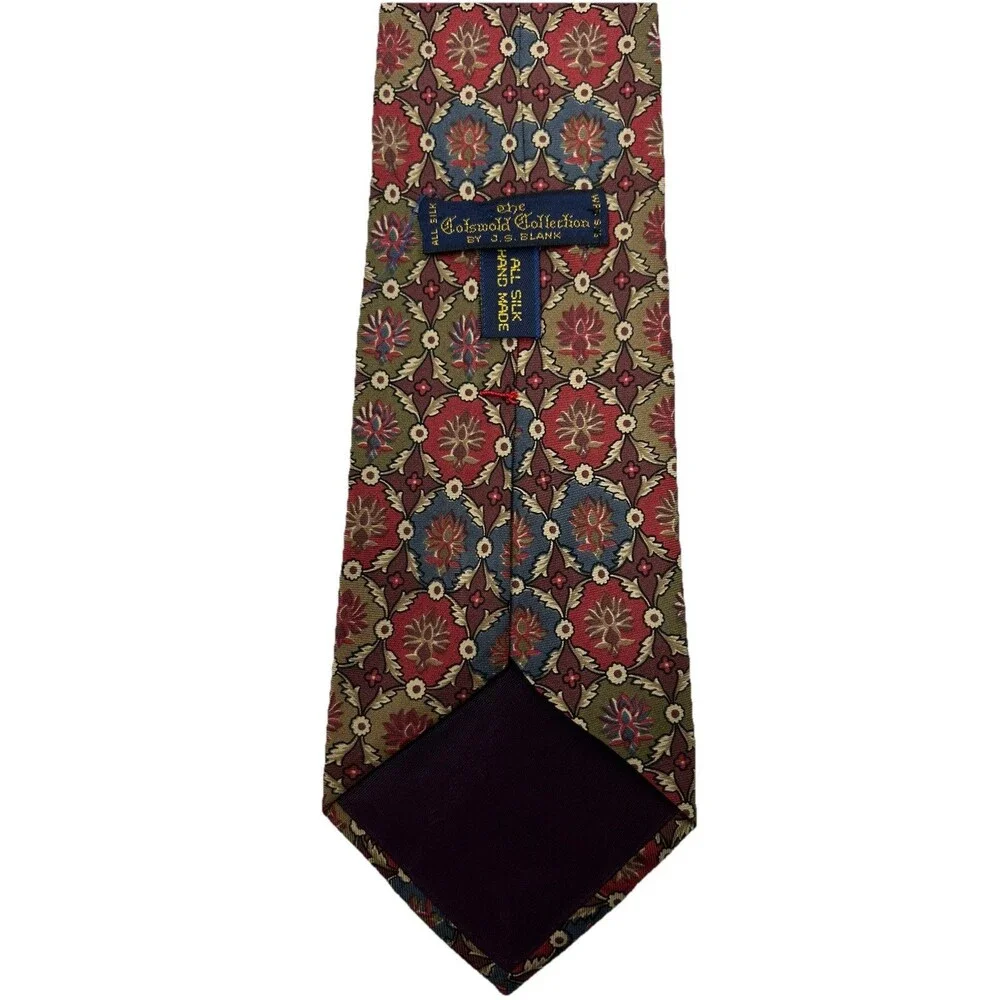 JS Blank The Cotswold Collection Red Tan Floral All Silk Handmade Tie 57.75